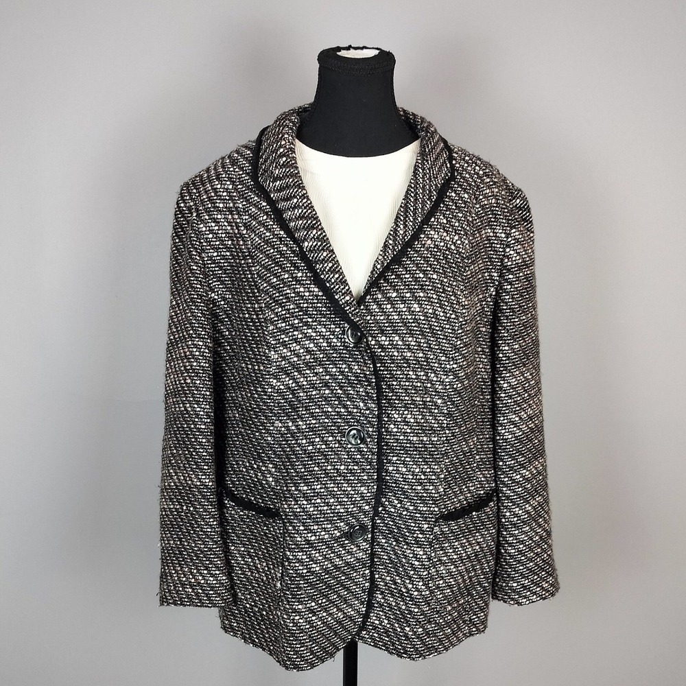 Marcona Silk Trim Bouclé Tweed Blazer Women Size 18 Black White Textured Jacket
